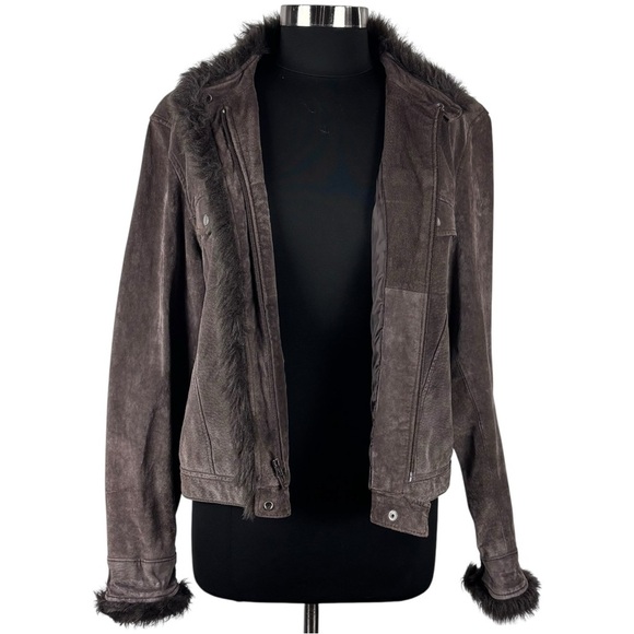 Y2K CROPPED SUEDE LEATHER FAUX FUR TRIM CHOCOLATE BROWN JACKET COLDWATER CREEK - Picture 5 of 15